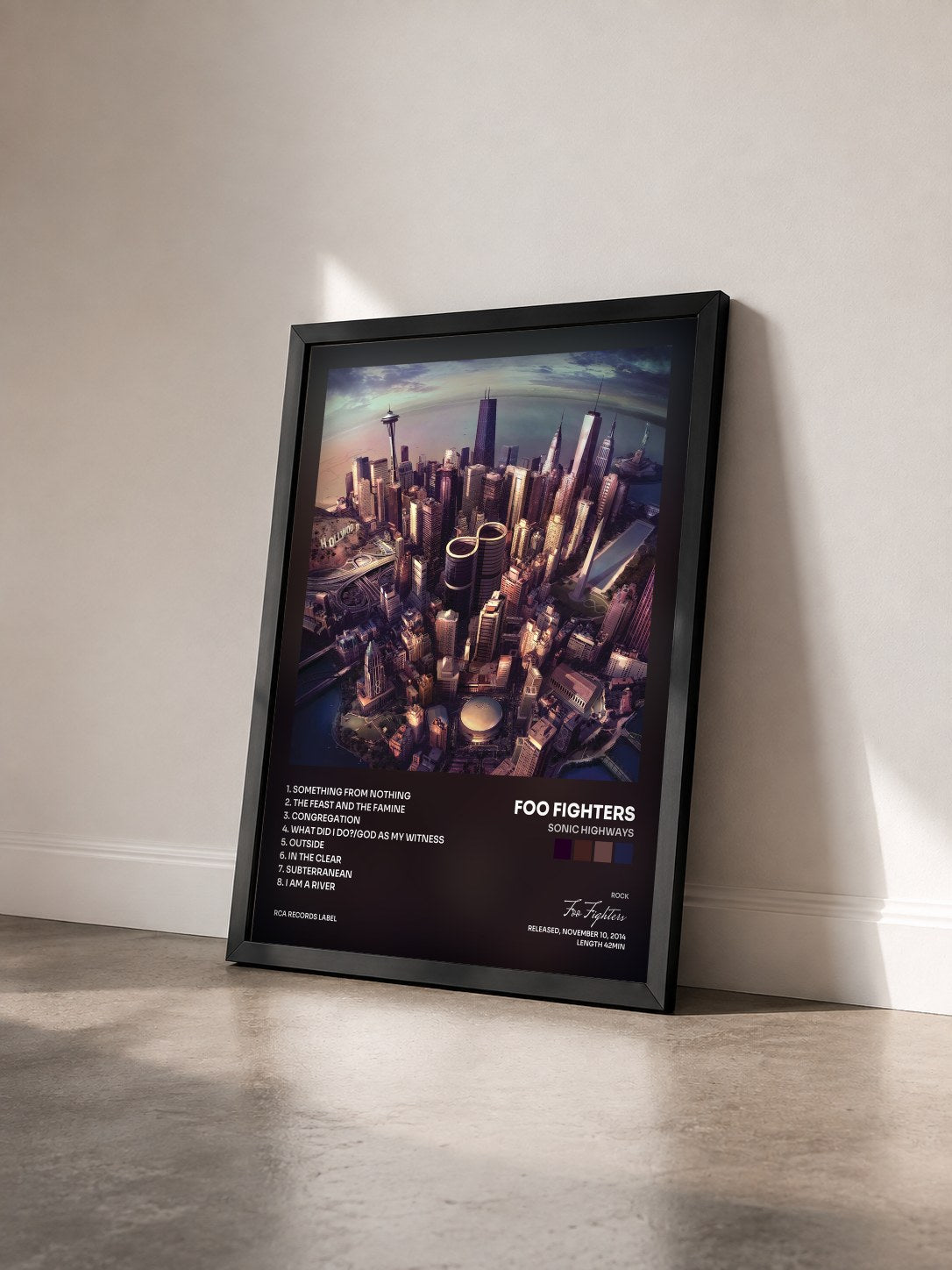 #noir Tableau de l'album Sonic Highways de Foo Fighters vu de trois quarts, cadre noir