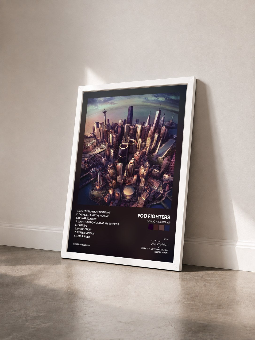 #blanc Tableau de l'album Sonic Highways de Foo Fighters vu de trois quarts, cadre blanc
