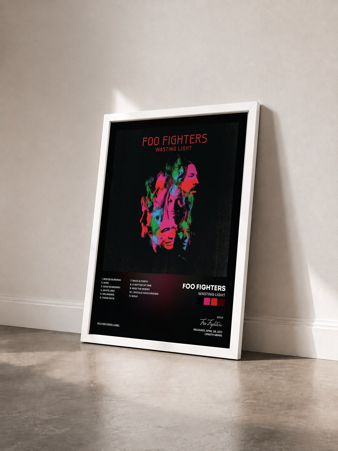 #blanc Tableau de l'album Wasting Light de Foo Fighters vu de trois quarts, cadre blanc