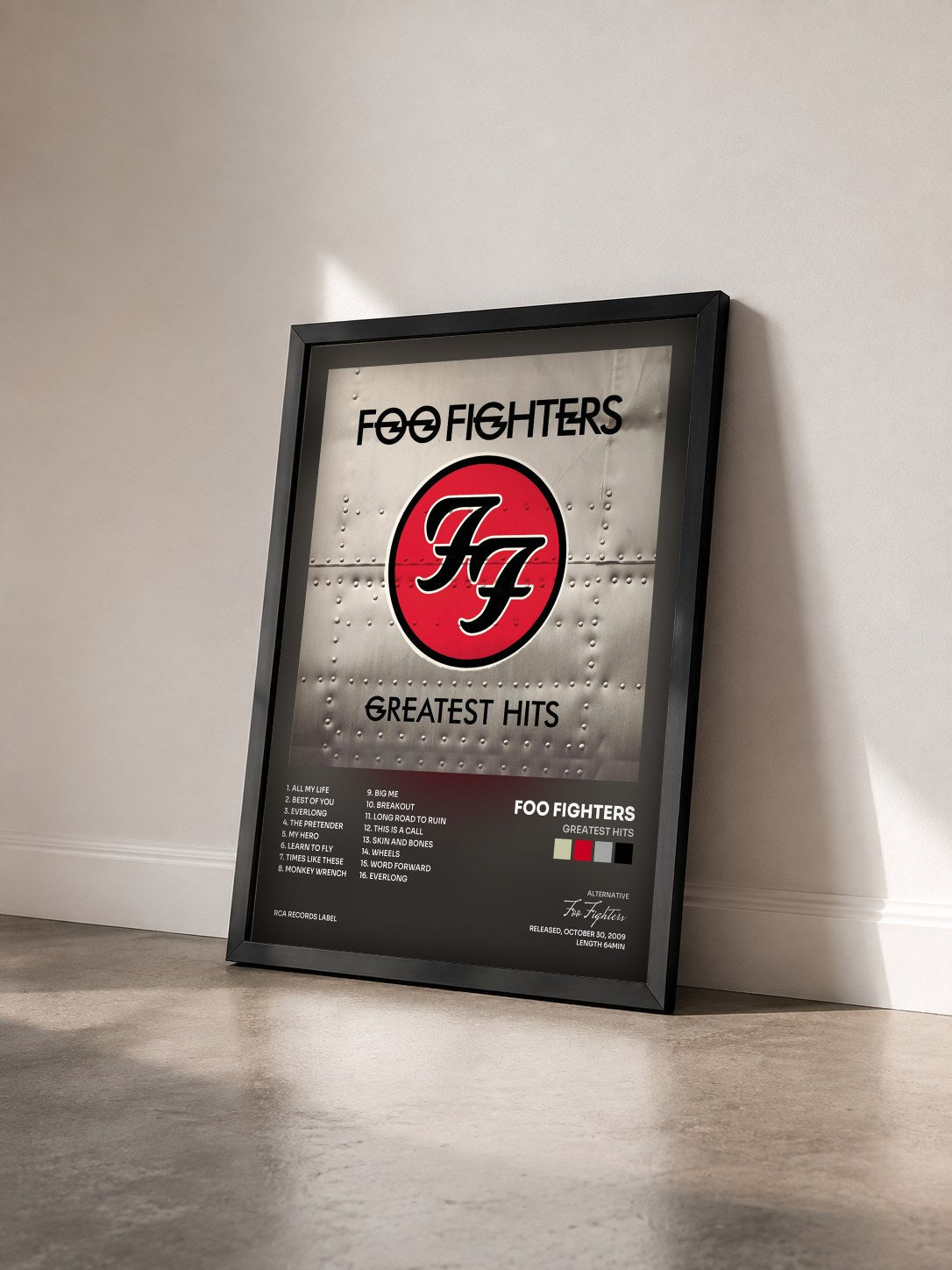 #noir Greatest Hits di Foo Fighters in stampa incorniciata vista di tre quarti, cornice nera