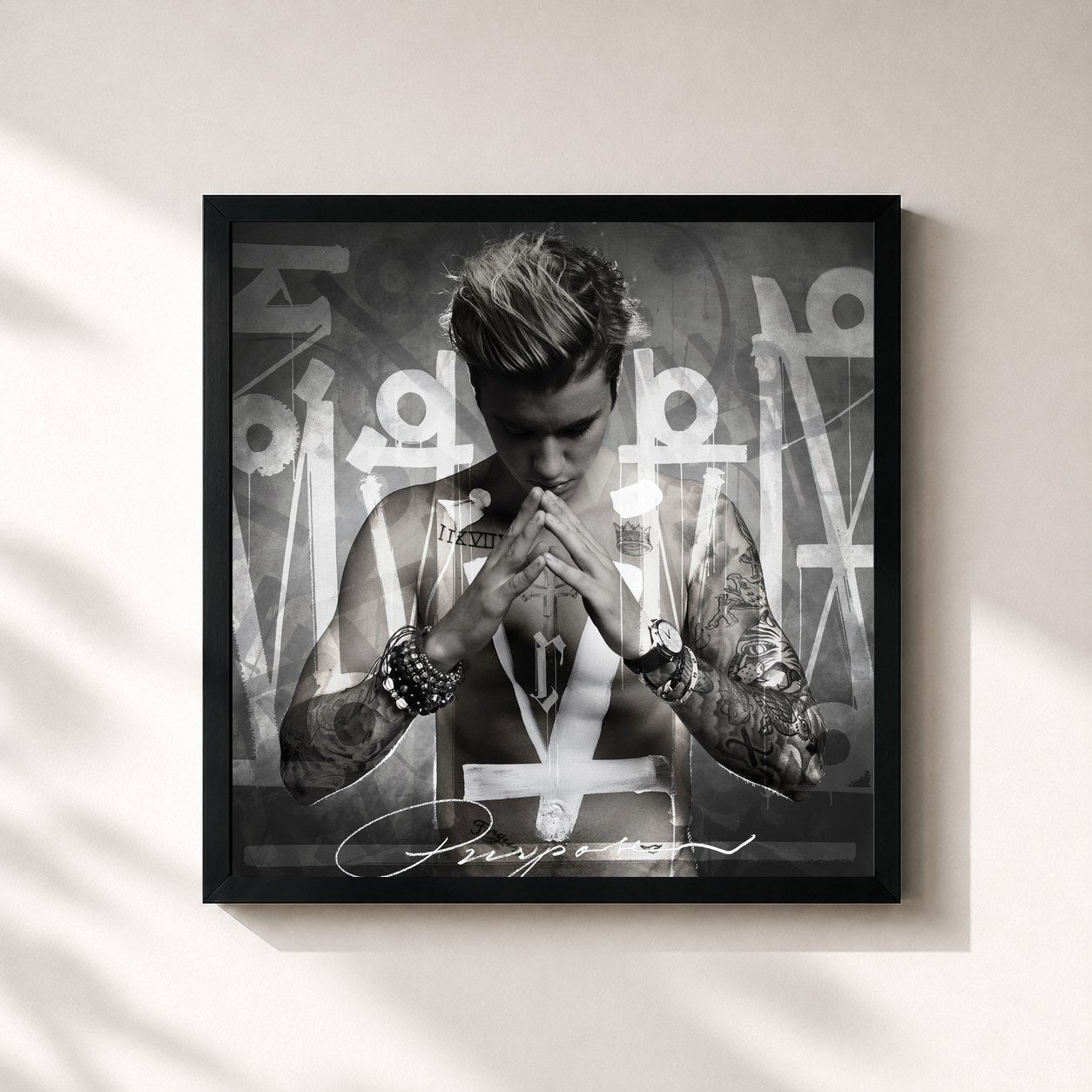 #noir Purpose di Justin Bieber in stampa quadrata incorniciata, cornice nera 32x32 cm