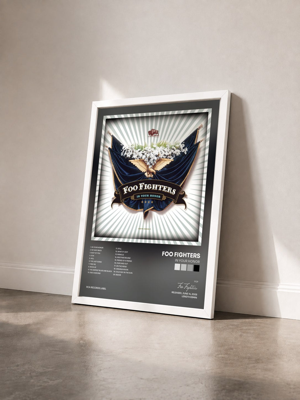#blanc Tableau de l'album In Your Honor de Foo Fighters vu de trois quarts, cadre blanc