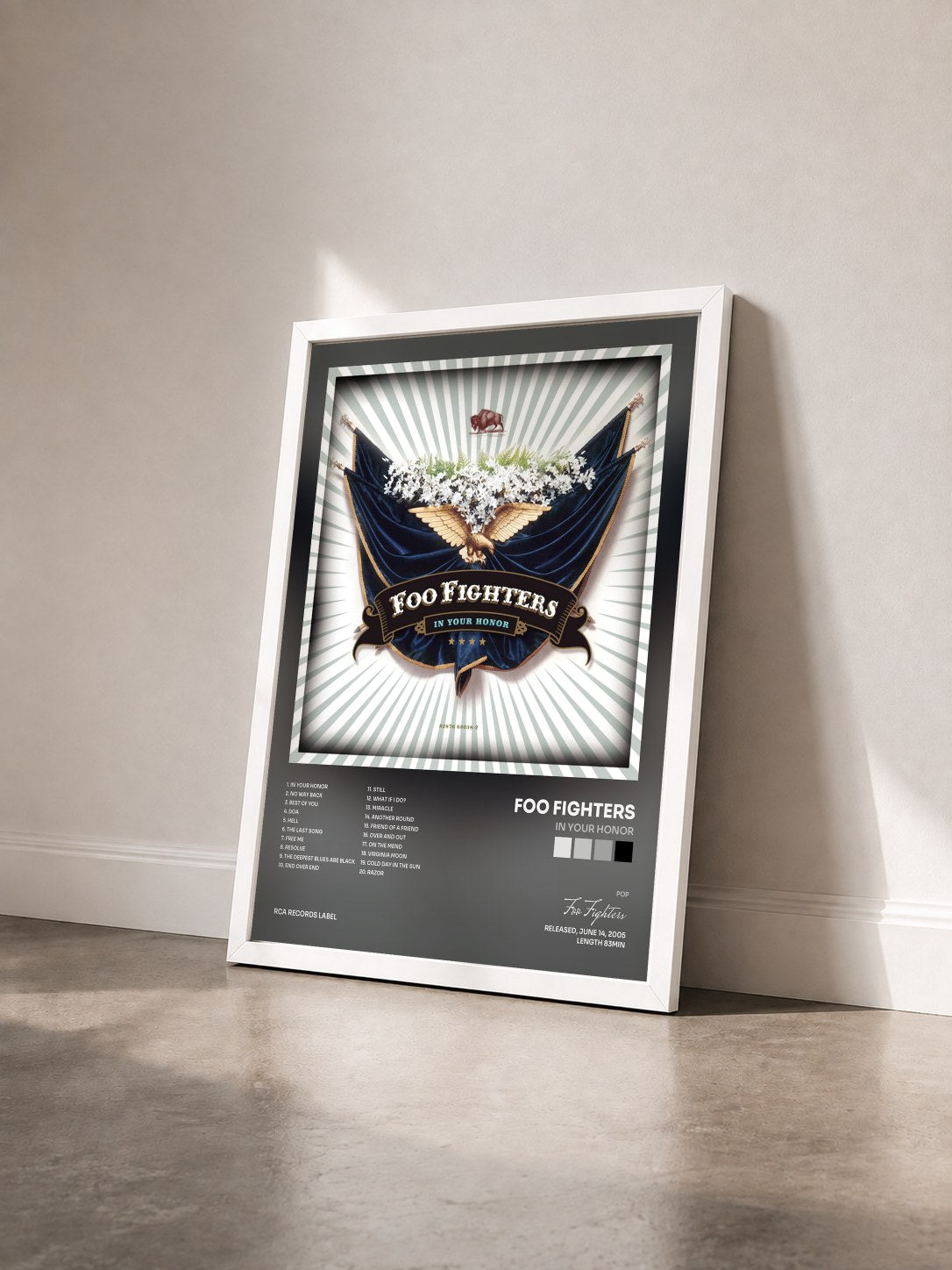 #blanc Tableau de l'album In Your Honor de Foo Fighters vu de trois quarts, cadre blanc