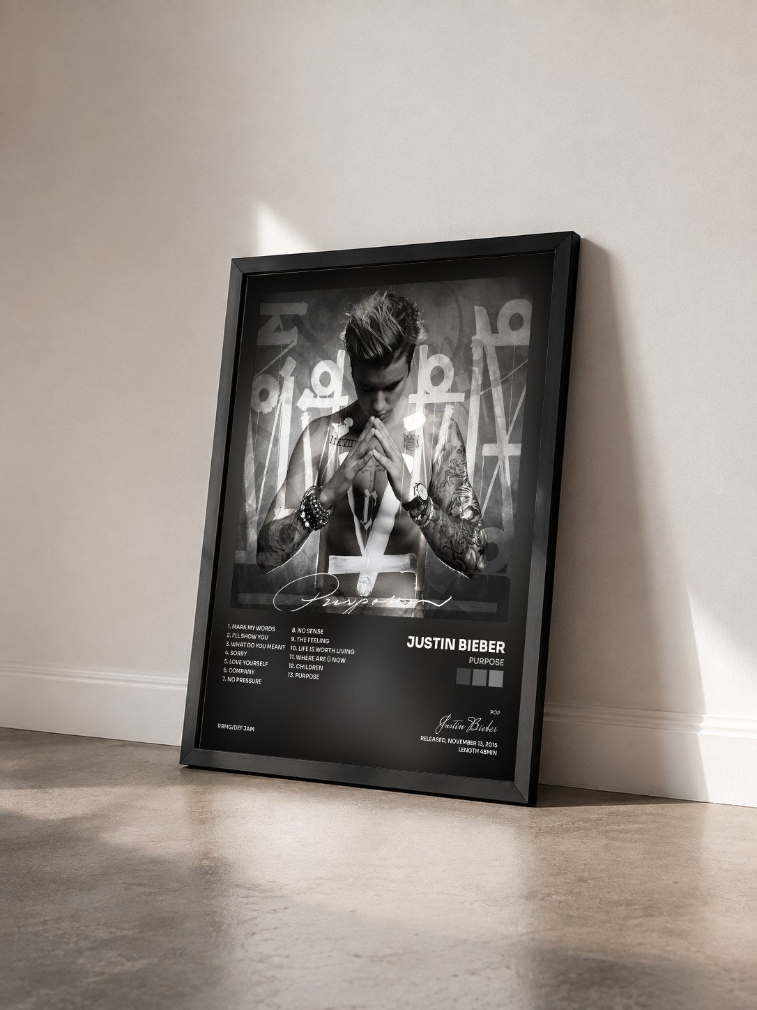 #noir Purpose di Justin Bieber in stampa incorniciata vista di tre quarti, cornice nera
