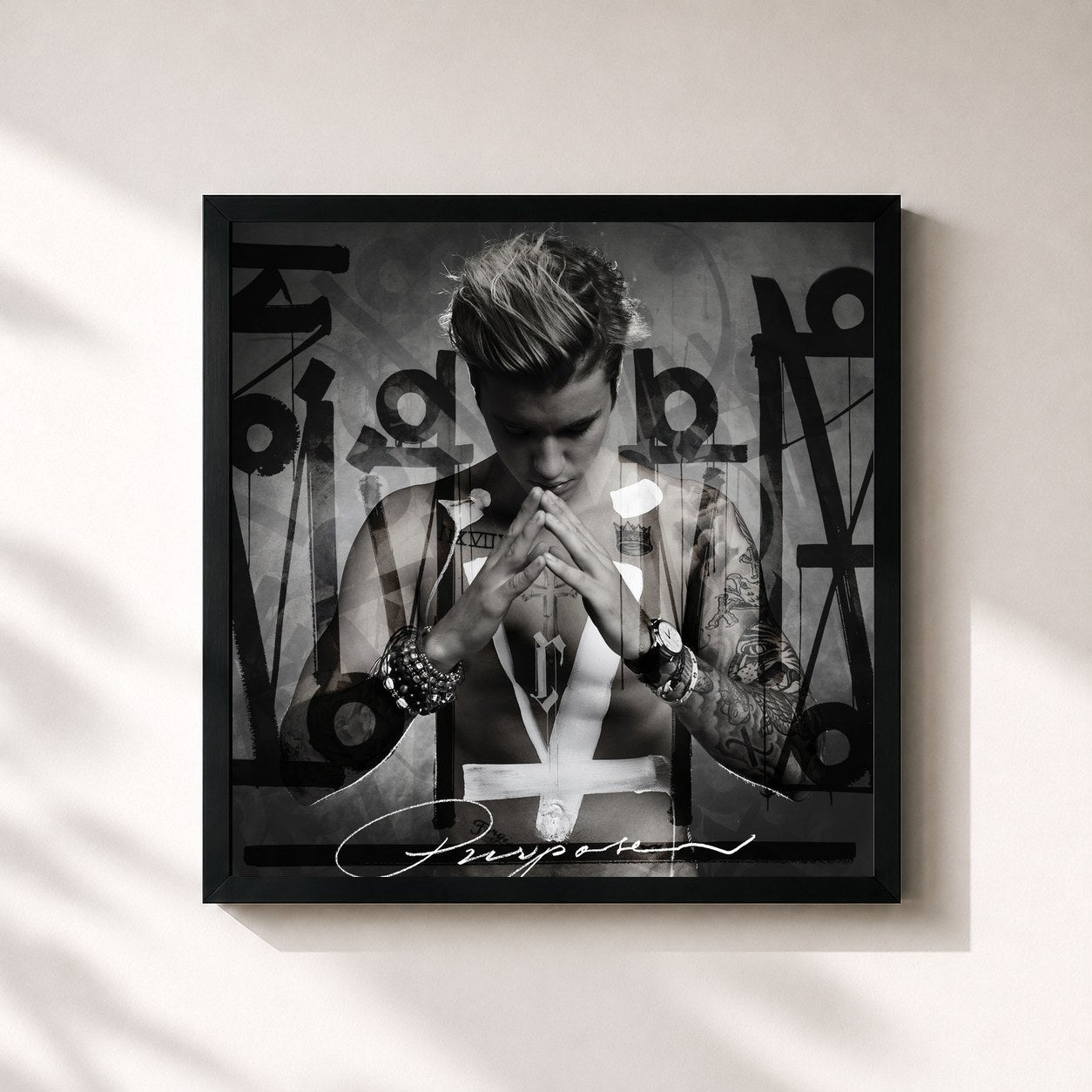 #noir Tableau carré de l'album Purpose (Deluxe) de Justin Bieber, cadre noir 32x32 cm