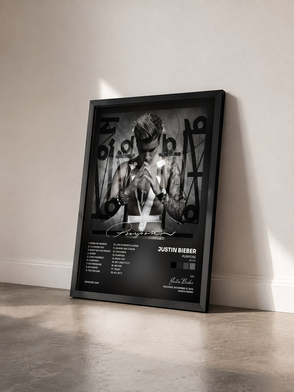 #noir Tableau de l'album Purpose (Deluxe) de Justin Bieber vu de trois quarts, cadre noir
