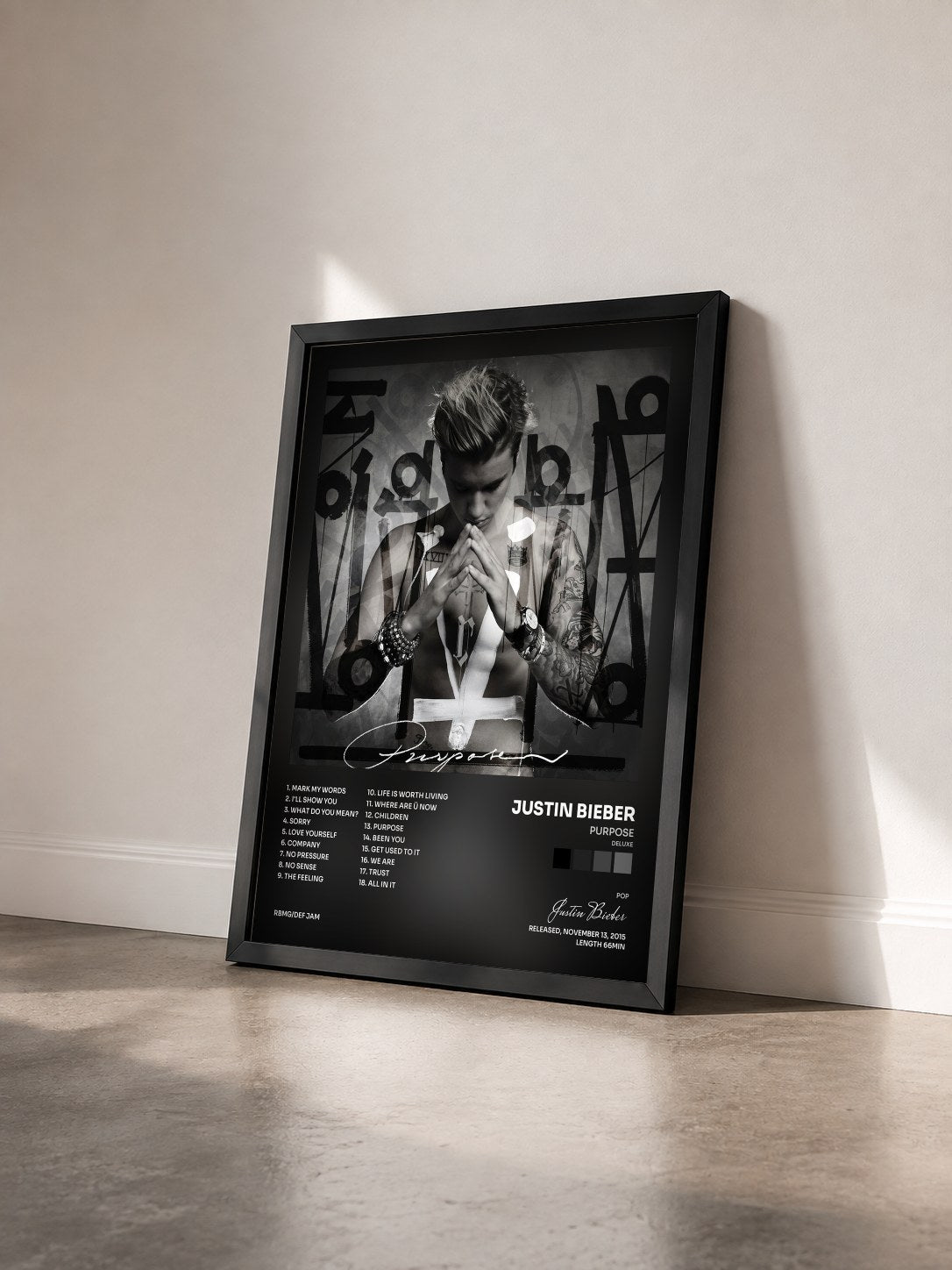 #noir Tableau de l'album Purpose (Deluxe) de Justin Bieber vu de trois quarts, cadre noir