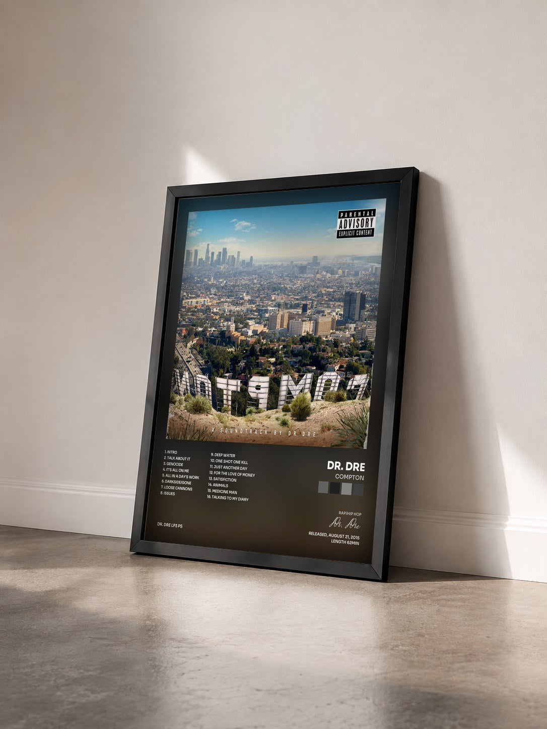 #noir Tableau de l'album Compton de Dr. Dre vu de trois quarts, cadre noir