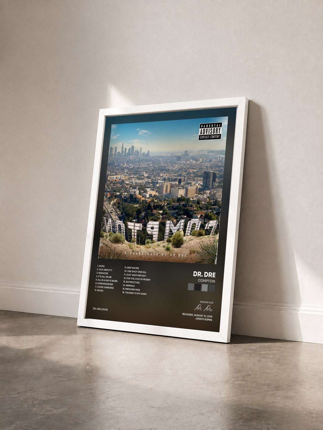 #blanc Tableau de l'album Compton de Dr. Dre vu de trois quarts, cadre blanc
