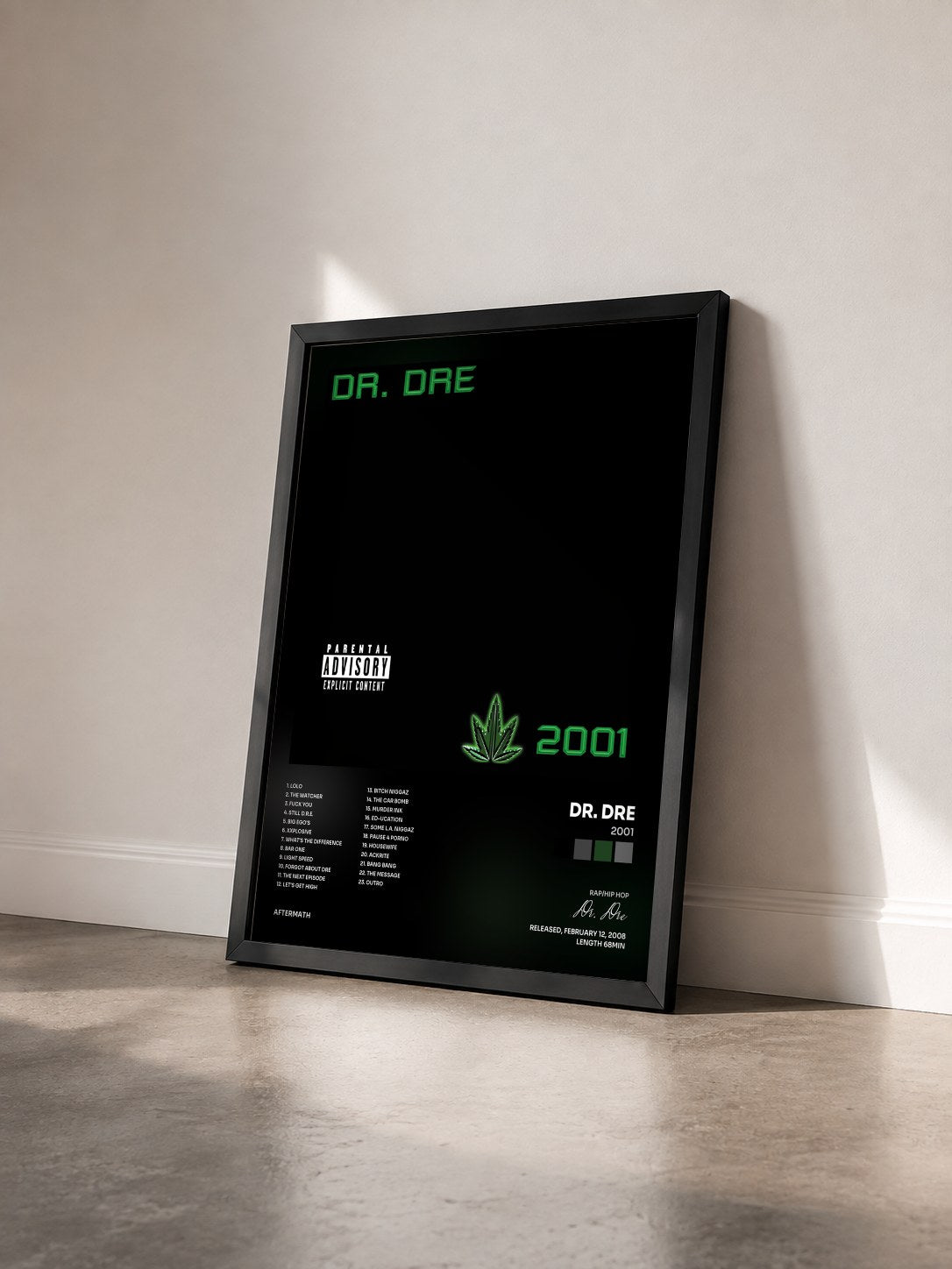 #noir Tableau de l'album 2001 de Dr. Dre vu de trois quarts, cadre noir