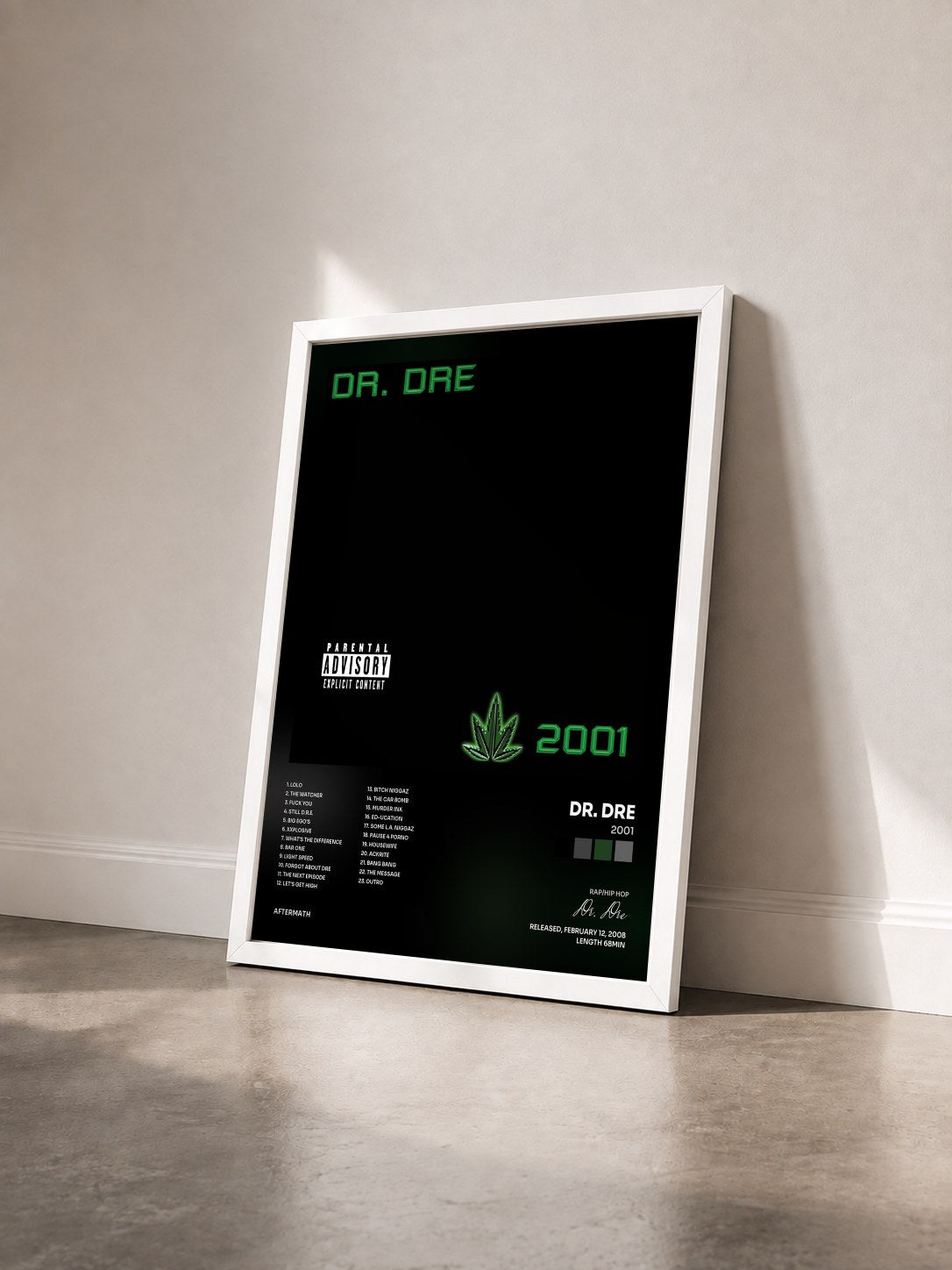 #blanc Tableau de l'album 2001 de Dr. Dre vu de trois quarts, cadre blanc