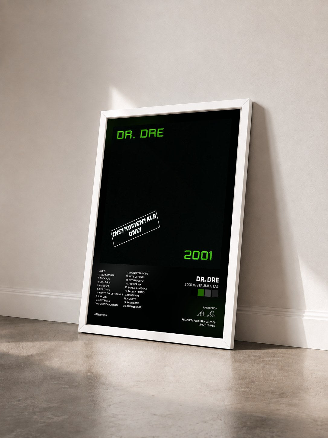 #blanc Tableau de l'album 2001 Instrumental de Dr. Dre vu de trois quarts, cadre blanc