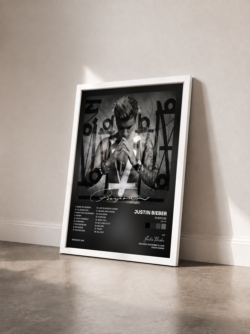 #blanc Tableau de l'album Purpose (Deluxe) de Justin Bieber vu de trois quarts, cadre blanc