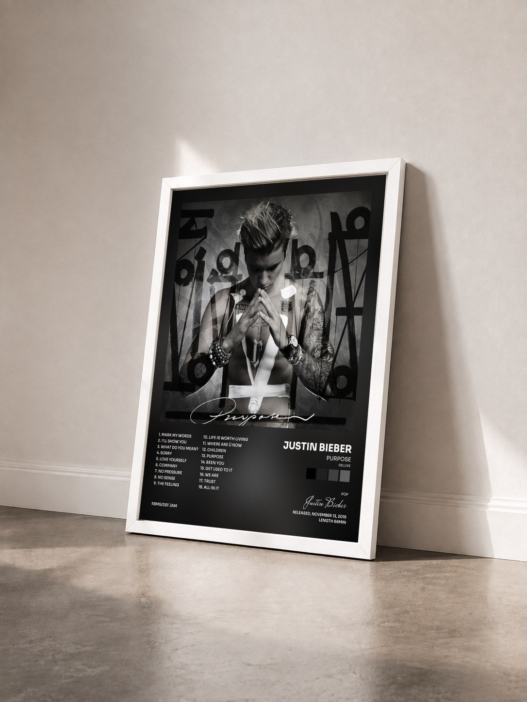 #blanc Tableau de l'album Purpose (Deluxe) de Justin Bieber vu de trois quarts, cadre blanc
