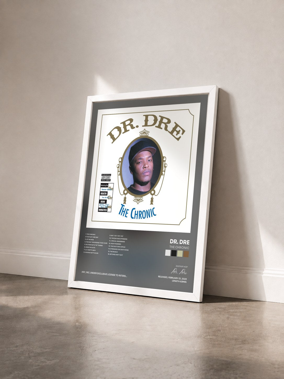 #blanc Tableau de l'album The Chronic de Dr. Dre vu de trois quarts, cadre blanc