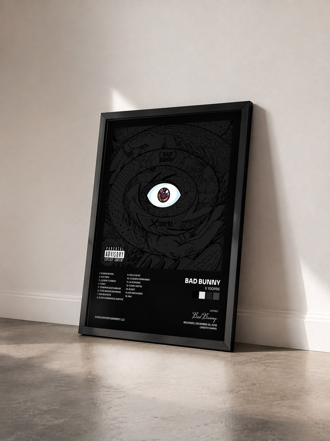 #noir Tableau de l'album X 100PRE de Bad Bunny vu de trois quarts, cadre noir