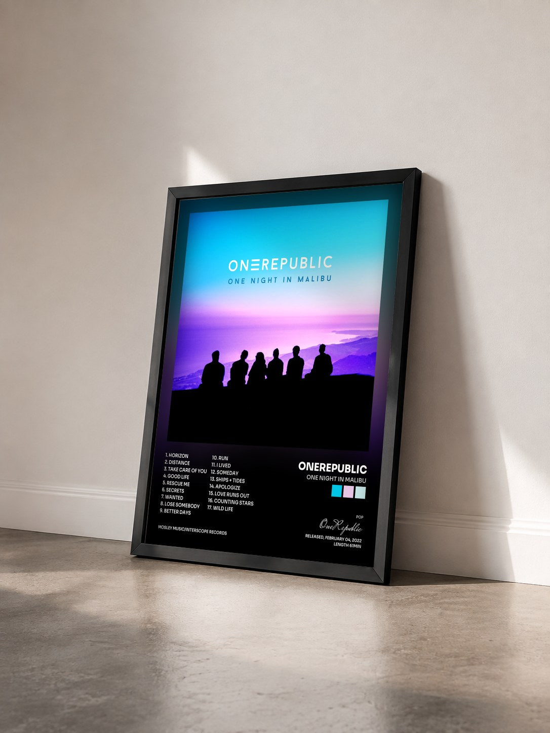 #noir Tableau de l'album One Night In Malibu de OneRepublic vu de trois quarts, cadre noir