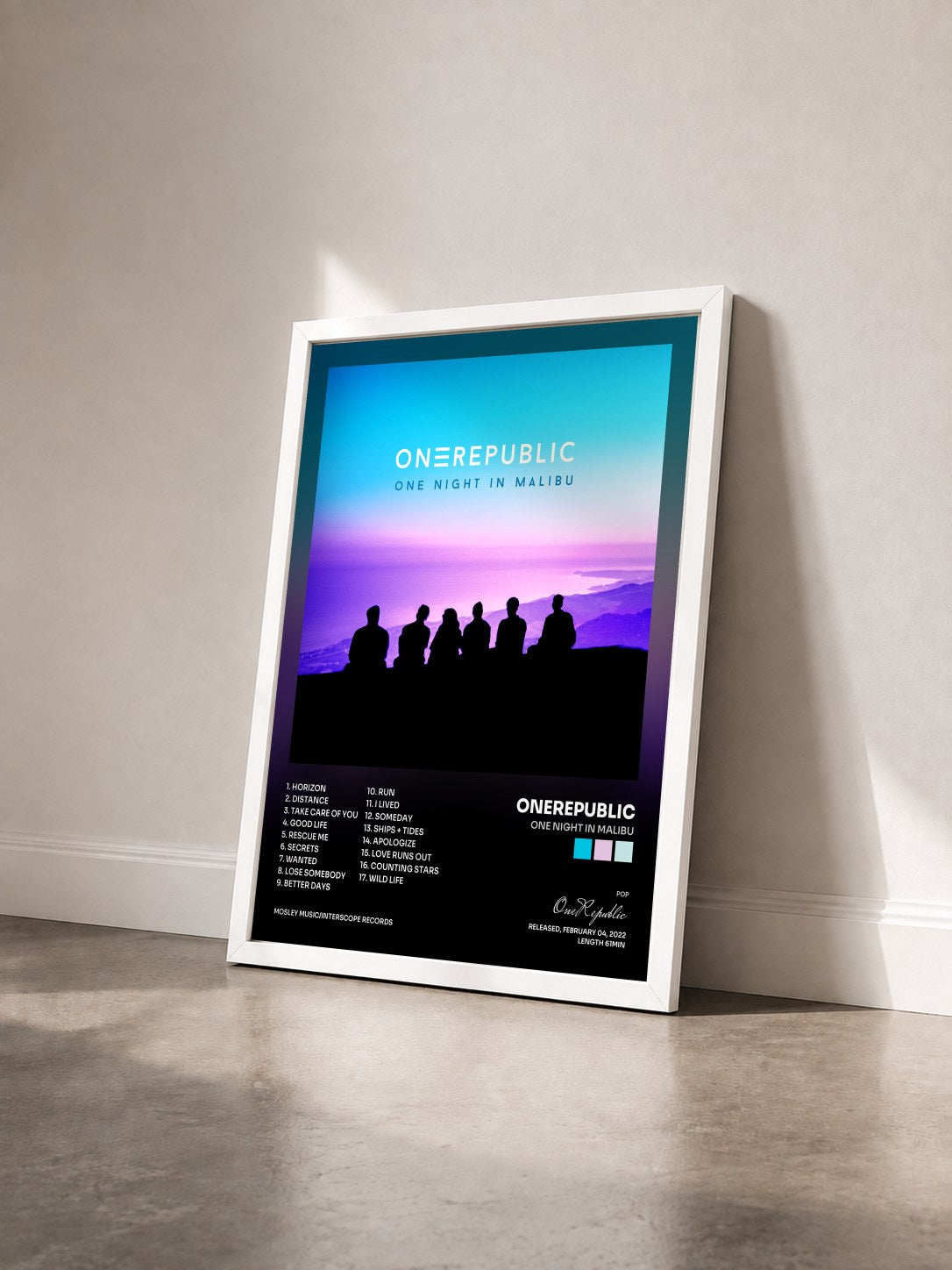 #blanc Tableau de l'album One Night In Malibu de OneRepublic vu de trois quarts, cadre blanc