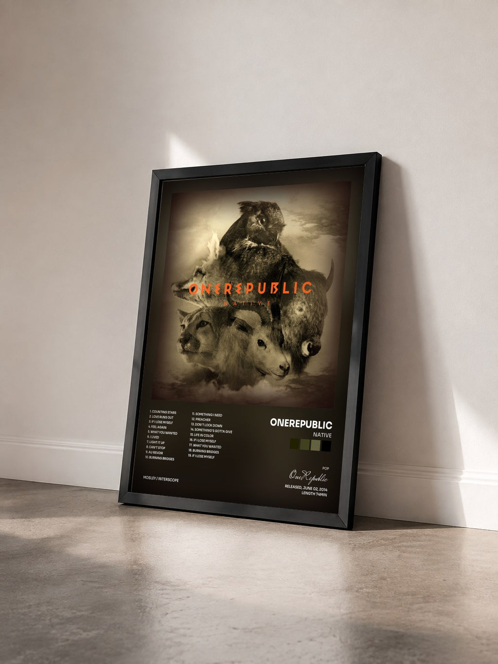 #noir Tableau de l'album Native de OneRepublic vu de trois quarts, cadre noir