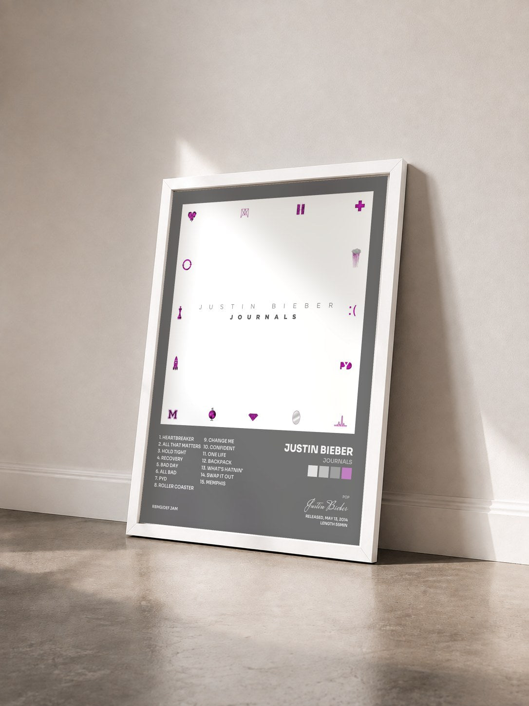 #blanc Tableau de l'album Journals de Justin Bieber vu de trois quarts, cadre blanc