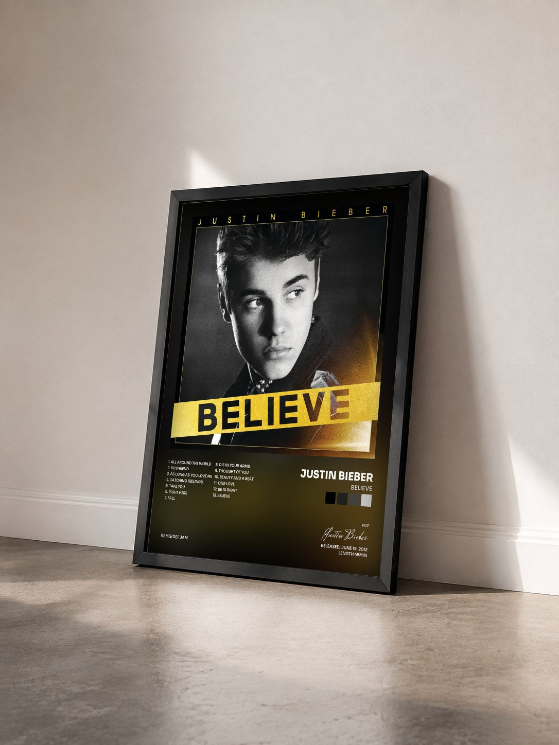 #noir Believe di Justin Bieber in stampa incorniciata vista di tre quarti, cornice nera