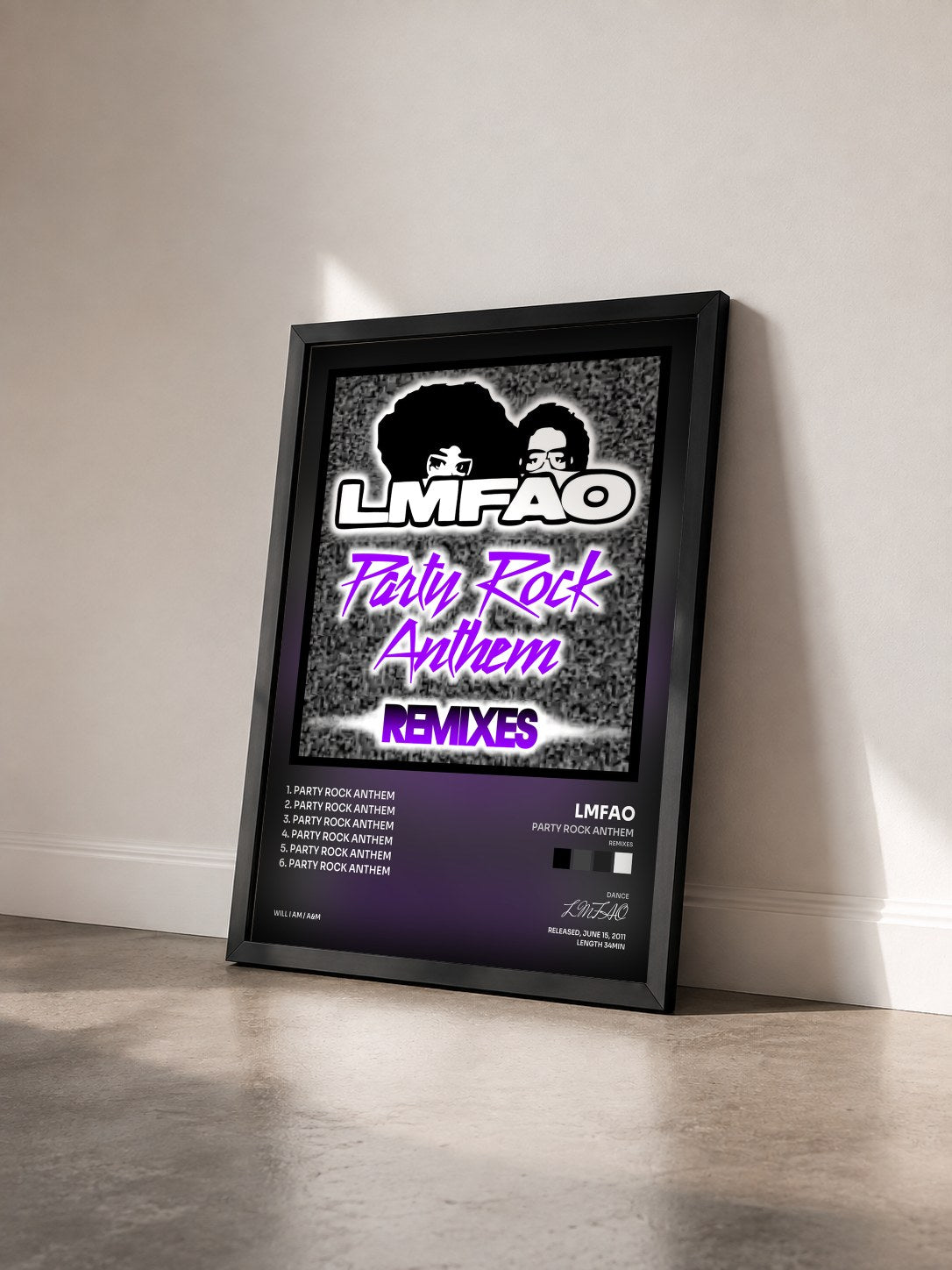 #noir Tableau de l'album Party Rock Anthem (Remixes) de LMFAO vu de trois quarts, cadre noir