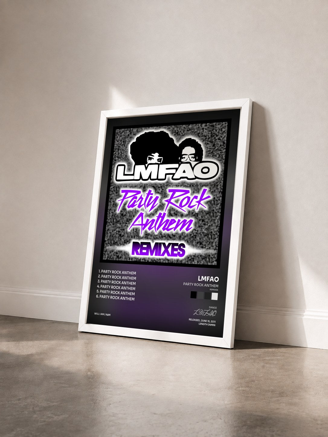 #blanc Tableau de l'album Party Rock Anthem (Remixes) de LMFAO vu de trois quarts, cadre blanc