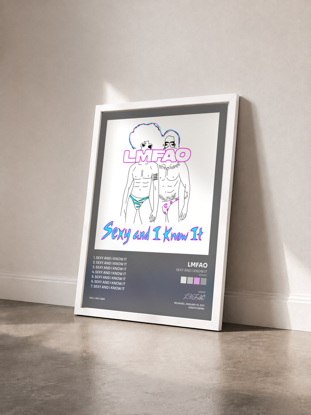#blanc Tableau de l'album Sexy And I Know It (Remixes) de LMFAO vu de trois quarts, cadre blanc