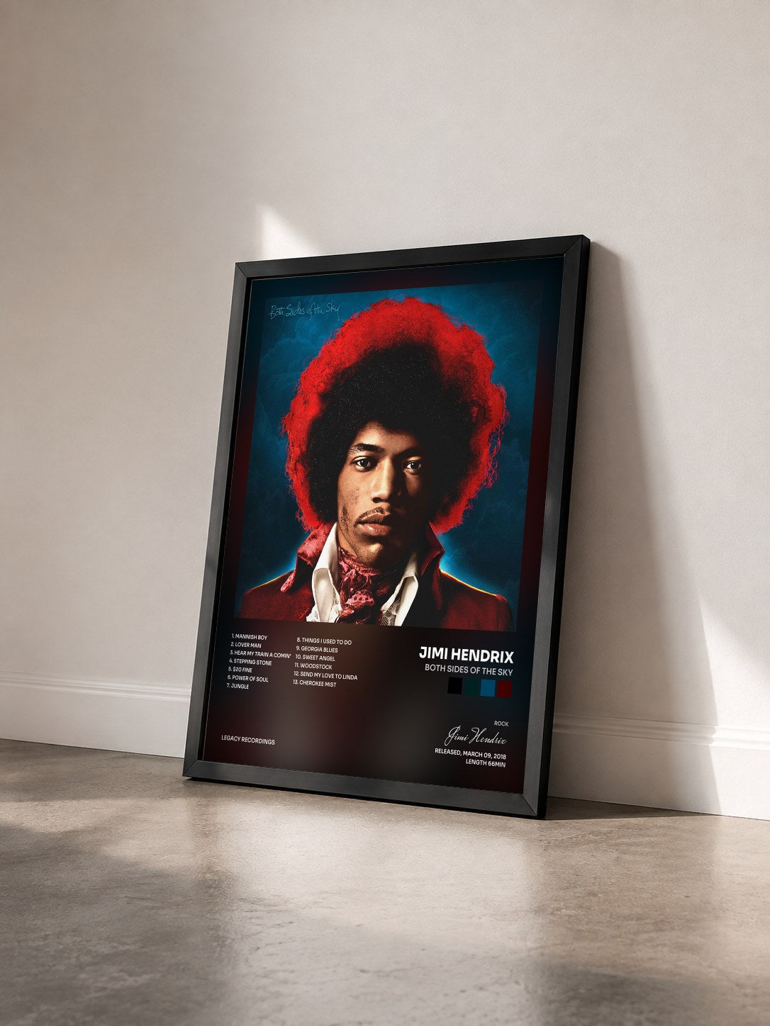 #noir Tableau de l'album Both Sides of the Sky de Jimi Hendrix vu de trois quarts, cadre noir