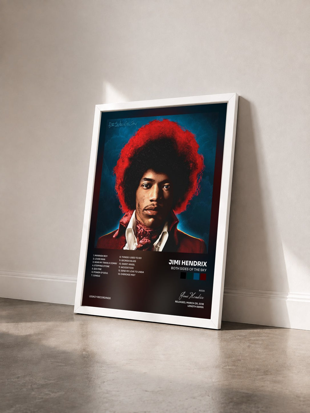 #blanc Both Sides of the Sky von Jimi Hendrix als gerahmter Kunstdruck von schräg gesehen, weißer Rahmen