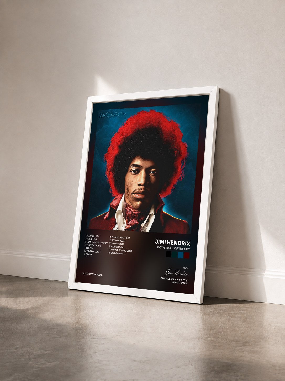 #blanc Tableau de l'album Both Sides of the Sky de Jimi Hendrix vu de trois quarts, cadre blanc