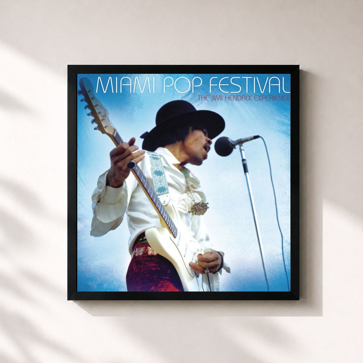#noir Tableau carré de l'album Miami Pop Festival de Jimi Hendrix, cadre noir 32x32 cm