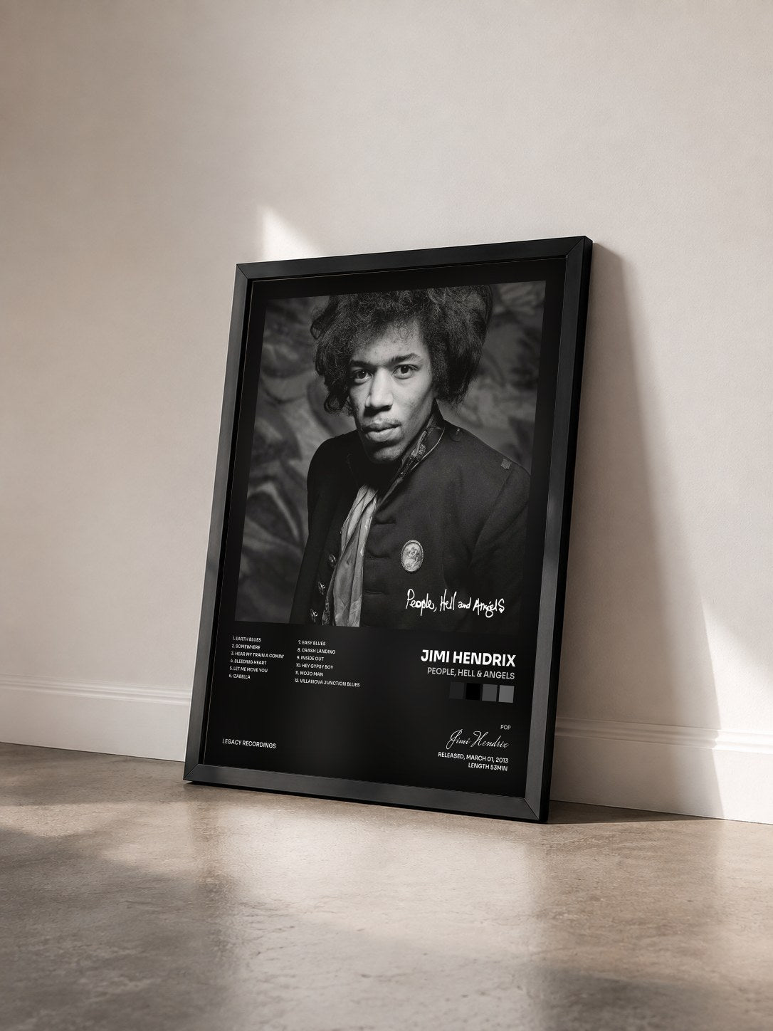 #noir Tableau de l'album People, Hell & Angels de Jimi Hendrix vu de trois quarts, cadre noir