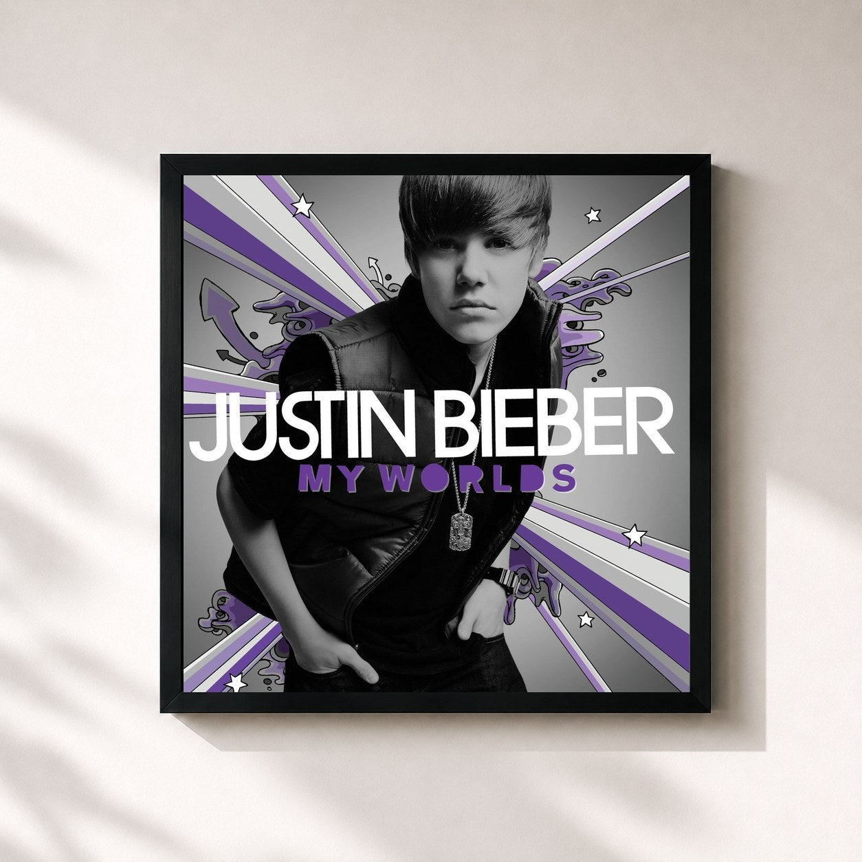 #noir Tableau carré de l'album My Worlds (International Version) de Justin Bieber, cadre noir 32x32 cm