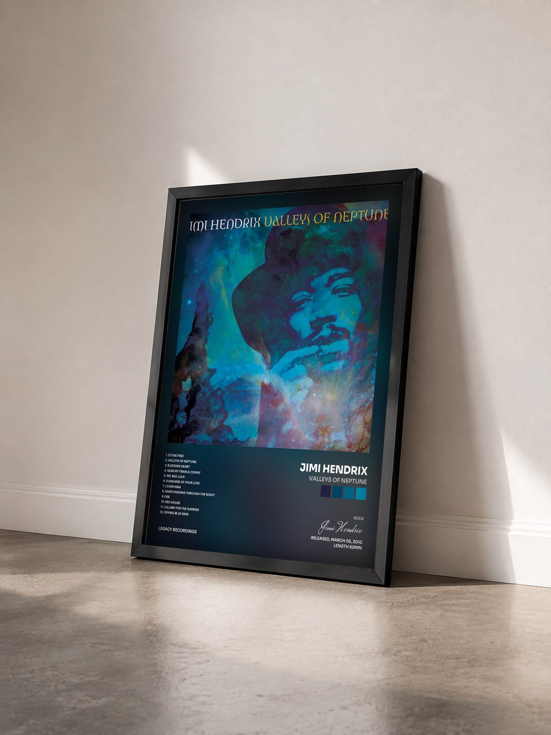 #noir Tableau de l'album Valleys Of Neptune de Jimi Hendrix vu de trois quarts, cadre noir