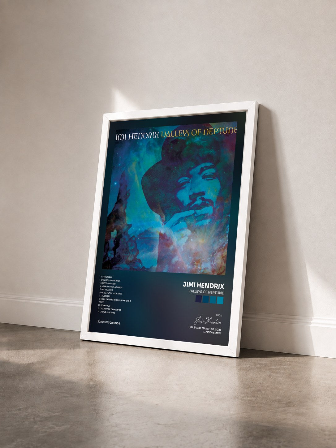 #blanc Tableau de l'album Valleys Of Neptune de Jimi Hendrix vu de trois quarts, cadre blanc