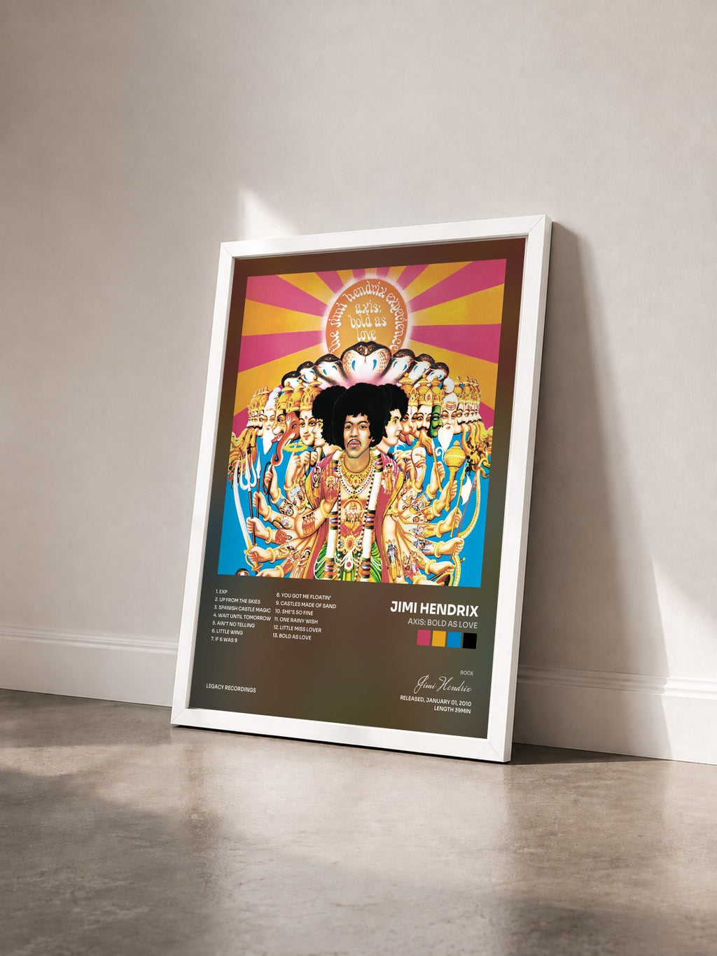 #blanc Tableau de l'album Axis: Bold As Love de Jimi Hendrix vu de trois quarts, cadre blanc