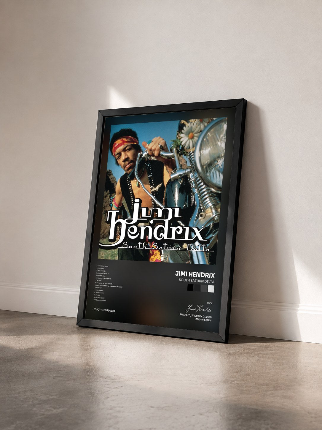 #noir Tableau de l'album South Saturn Delta de Jimi Hendrix vu de trois quarts, cadre noir