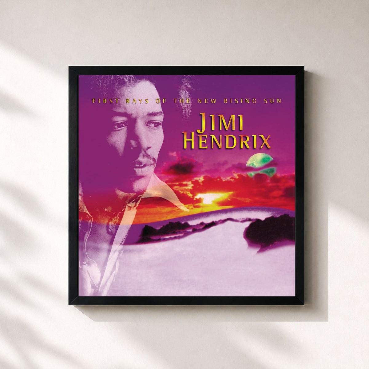 #noir Tableau carré de l'album First Rays Of The New Rising Sun de Jimi Hendrix, cadre noir 32x32 cm