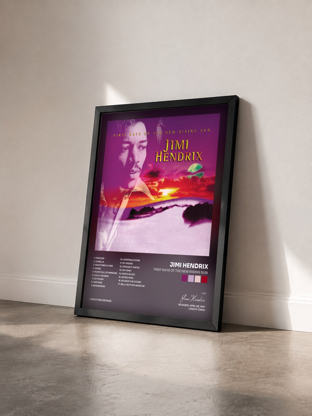 #noir Tableau de l'album First Rays Of The New Rising Sun de Jimi Hendrix vu de trois quarts, cadre noir