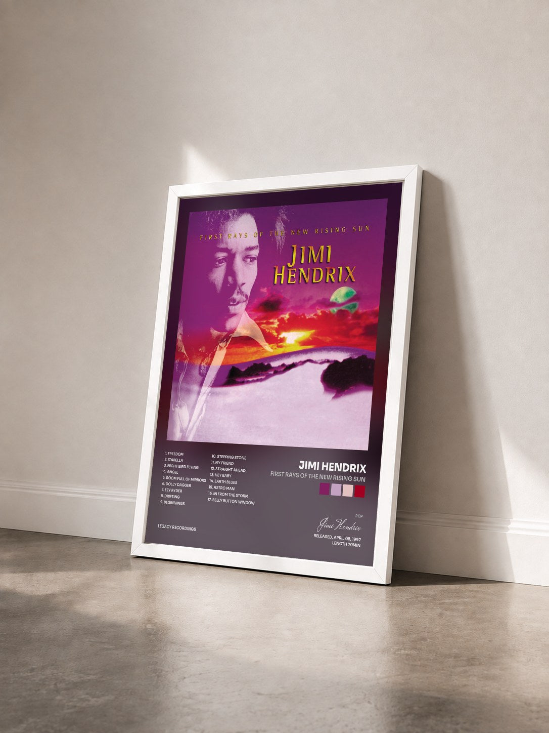 #blanc Tableau de l'album First Rays Of The New Rising Sun de Jimi Hendrix vu de trois quarts, cadre blanc