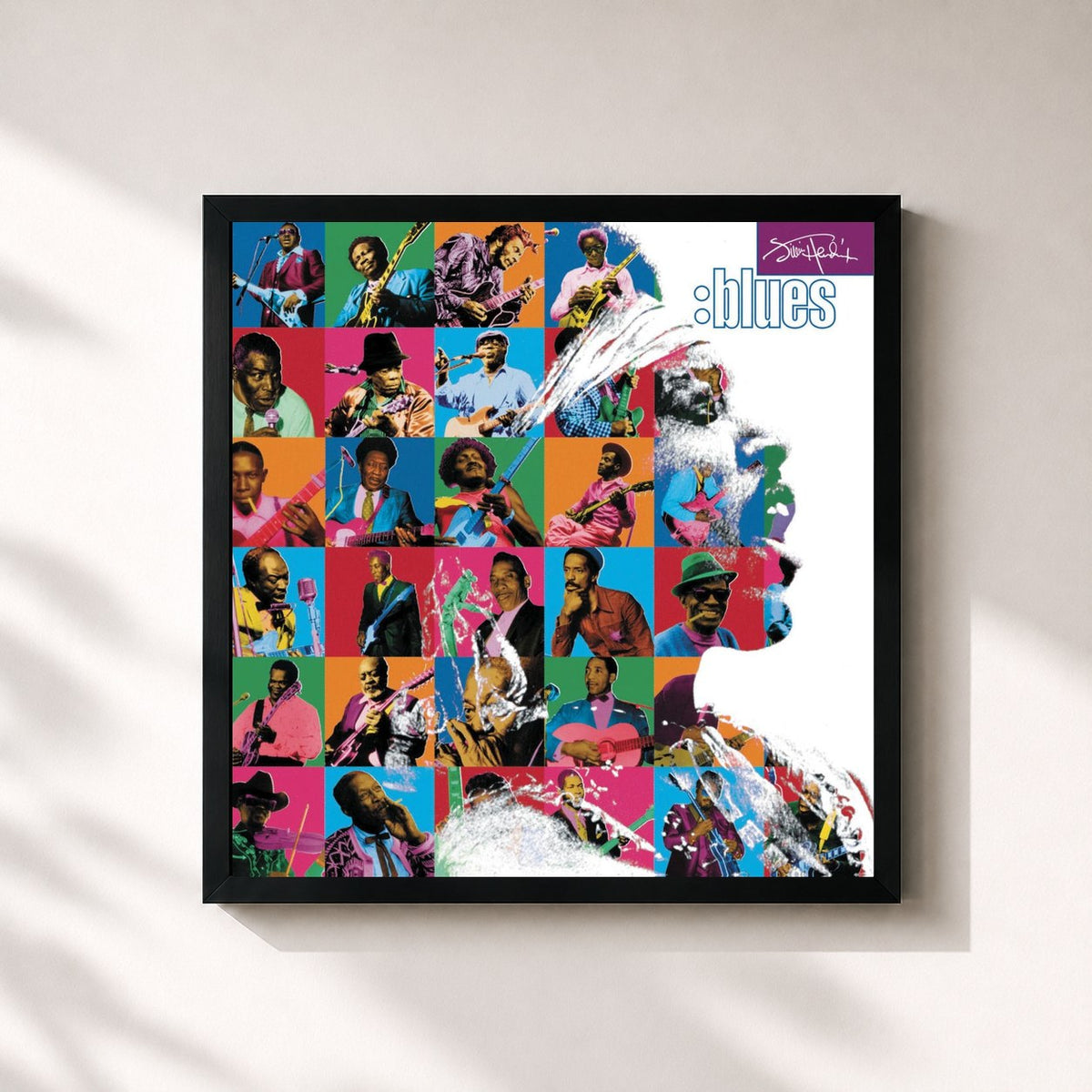 #noir Tableau carré de l'album Blues de Jimi Hendrix, cadre noir 32x32 cm