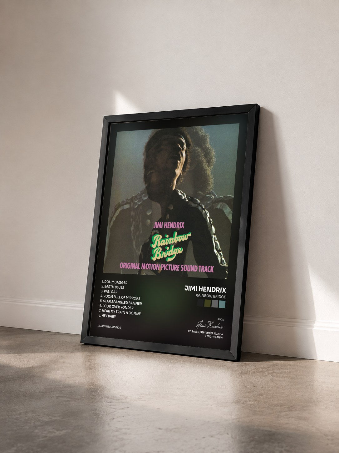 #noir Tableau de l'album Rainbow Bridge de Jimi Hendrix vu de trois quarts, cadre noir