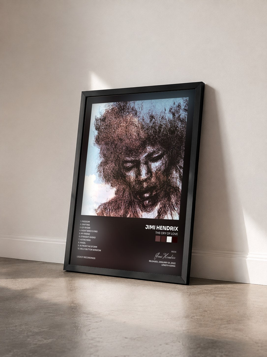 #noir Tableau de l'album The Cry of Love de Jimi Hendrix vu de trois quarts, cadre noir