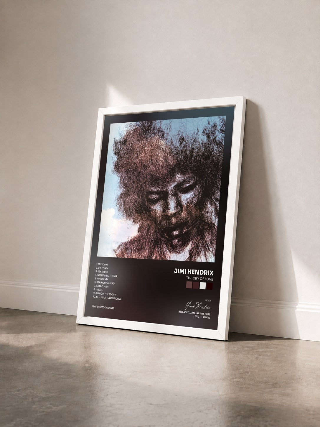 #blanc Tableau de l'album The Cry of Love de Jimi Hendrix vu de trois quarts, cadre blanc