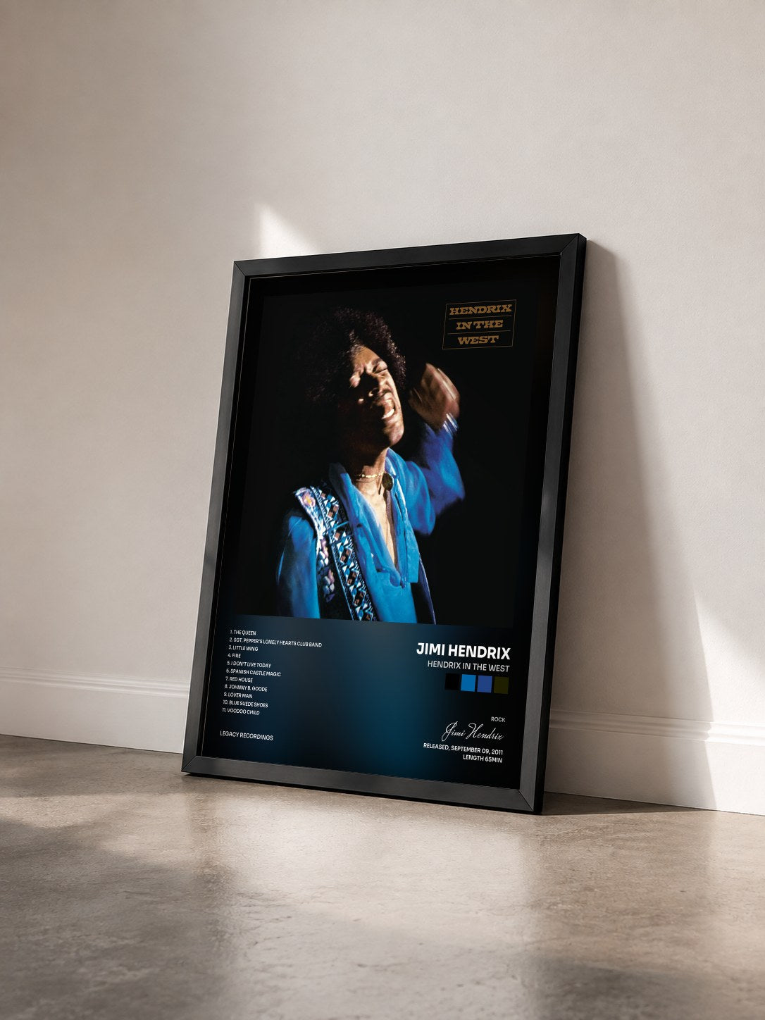 #noir Tableau de l'album Hendrix In The West de Jimi Hendrix vu de trois quarts, cadre noir