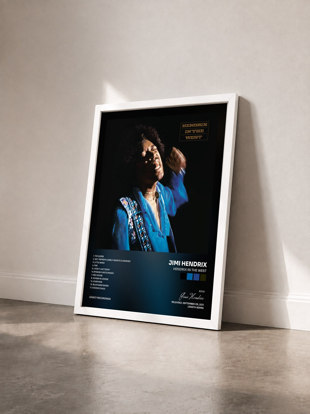#blanc Tableau de l'album Hendrix In The West de Jimi Hendrix vu de trois quarts, cadre blanc