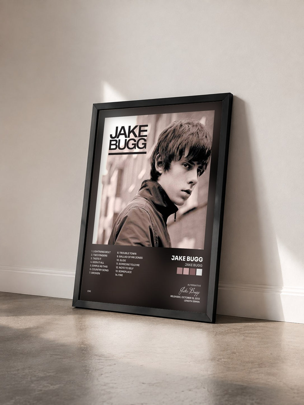 #noir Tableau de l'album Jake Bugg de Jake Bugg vu de trois quarts, cadre noir