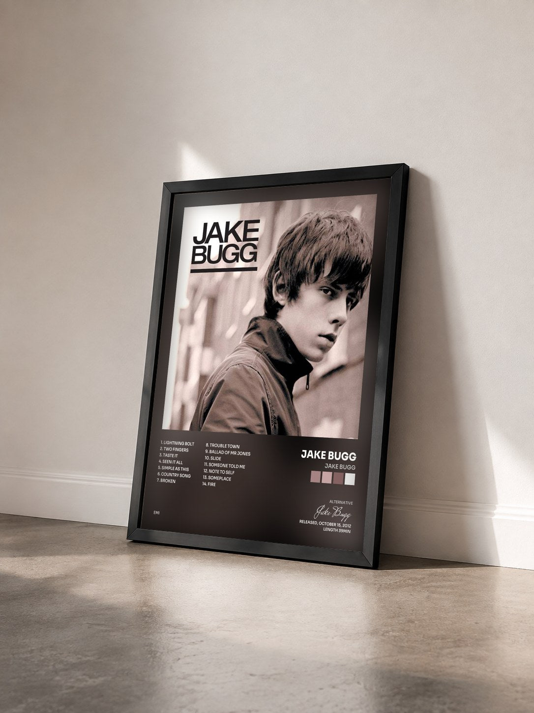 #noir Tableau de l'album Jake Bugg de Jake Bugg vu de trois quarts, cadre noir