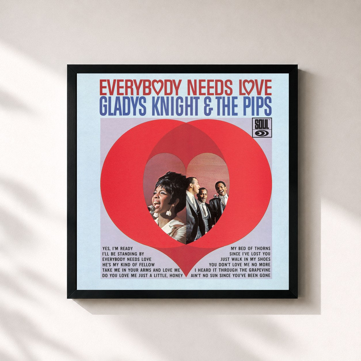 #noir Tableau carré de l'album Everybody Needs Love de Gladys Knight & The Pips, cadre noir 32x32 cm